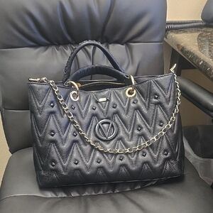 Valentino By Mario Valentino Black Chevron Satchel with Gold Chain